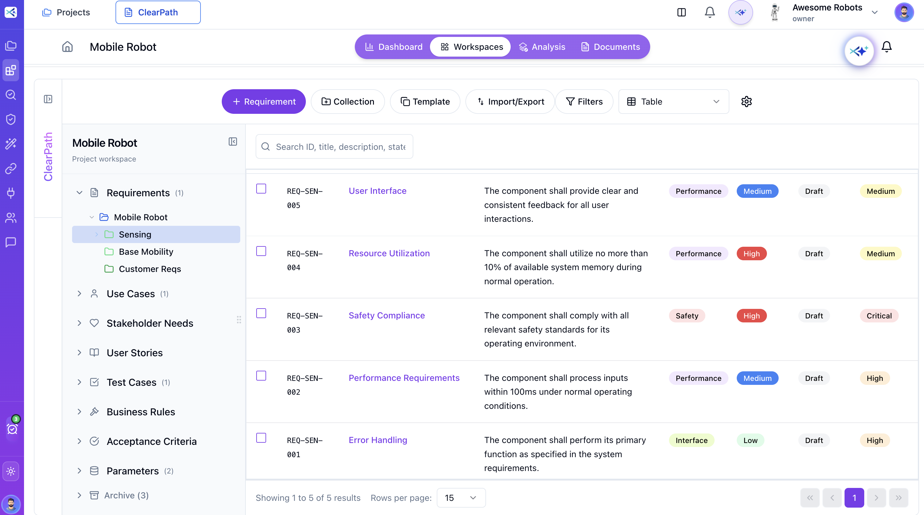 ClearPath Requirements Workspace - Table view with requirements list